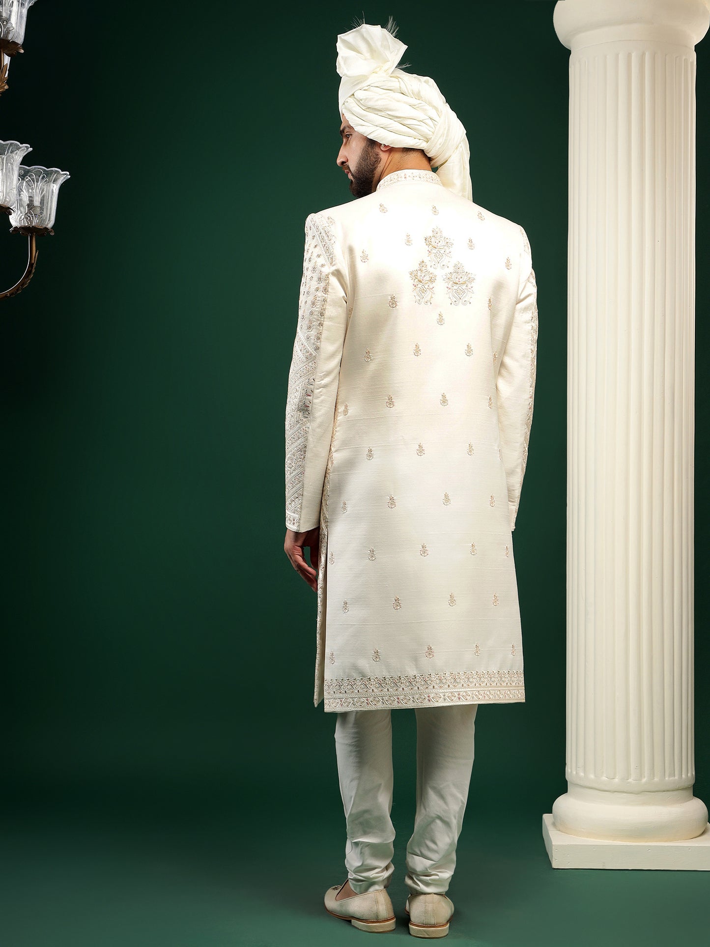 IVORY CREAM PINK FLORAL AND PAISELY PATTERNED SHERWANI SET