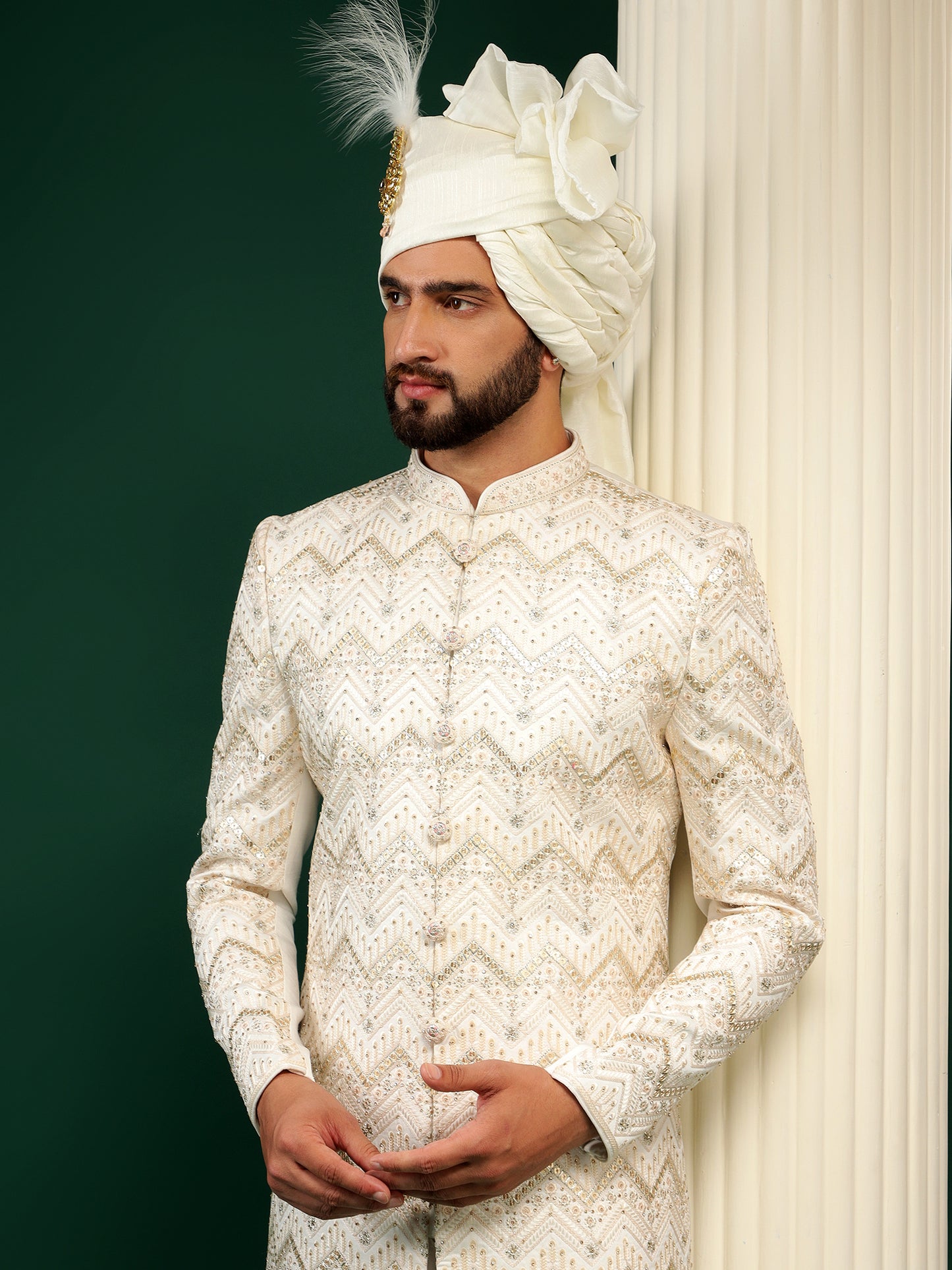 LIGHT CREAM SHERWANI WITH SELF PATTERN EMBROIDERY