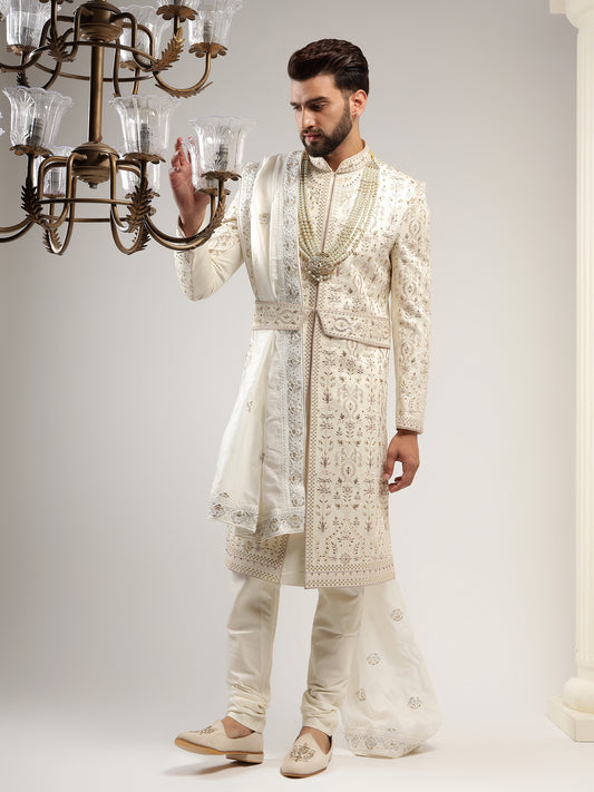 LIGHT CREAM SHERWANI WITH GRAPE PURPLE EMBROIDERY