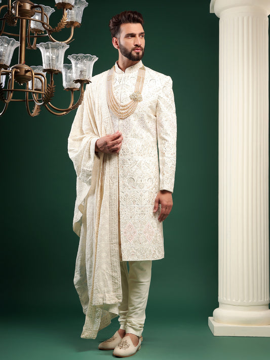 PRISTINE CREAM SHERWANI WITH ETHNIC MOTIFS