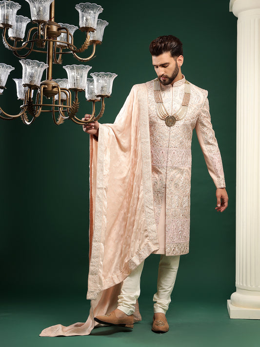 CORAL PEACH COLOR EMBROIDERED SHERWANI