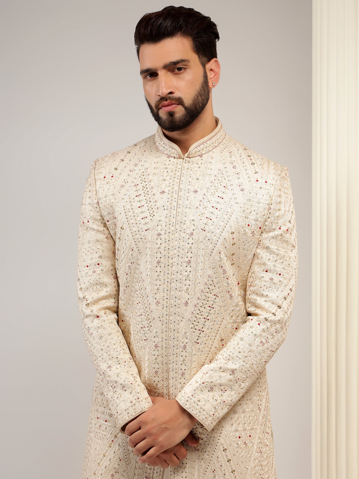 BEIGE SHERWANI SET WITH HEAVY EMBROIDERY WORK