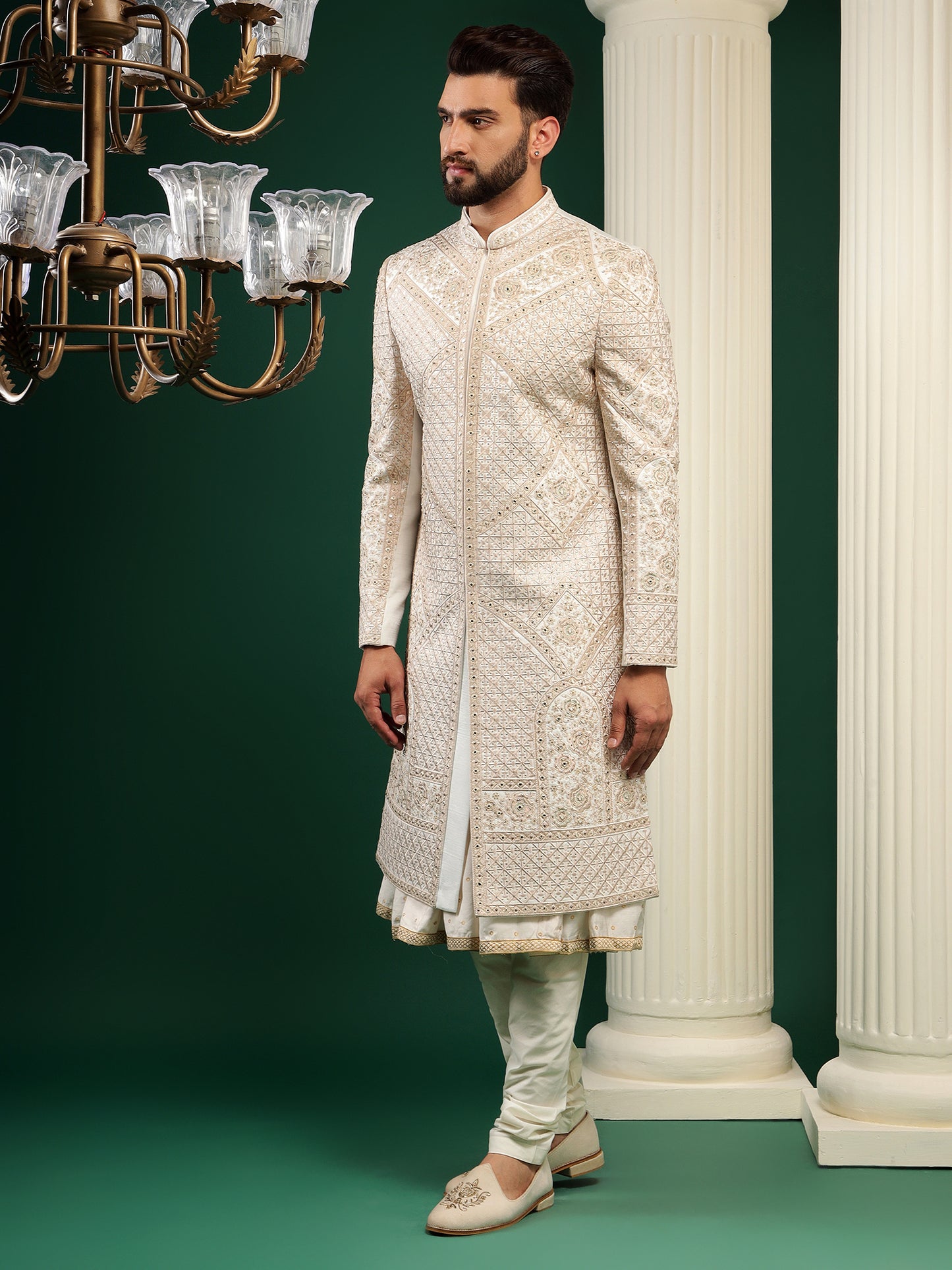 SUBTLE CREAM BIEGE PATTERNED EMBROIDERY SHERWANI SET