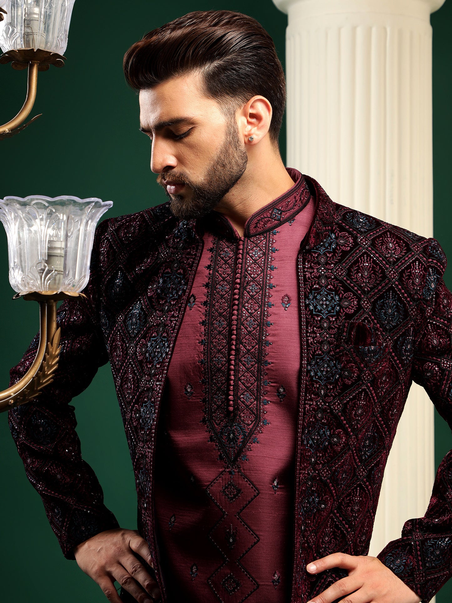 DEEP WINE STONE EMBELLISHED INDOWESTERN SET