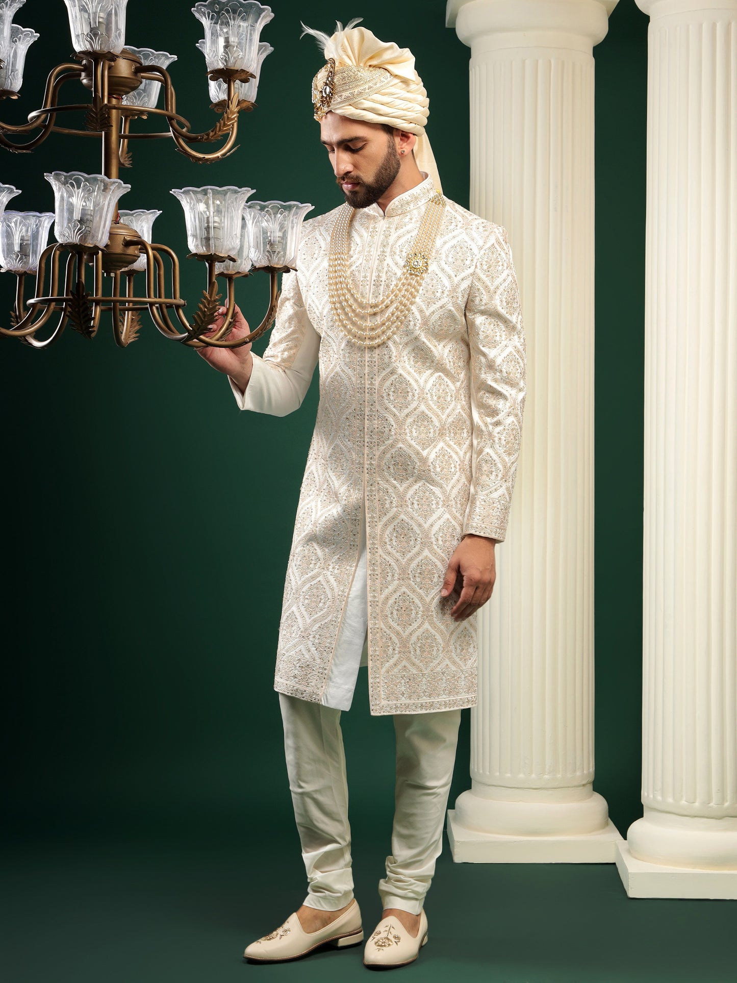 CLOUD CREAM MEDALLION PATTERN SHERWANI SET