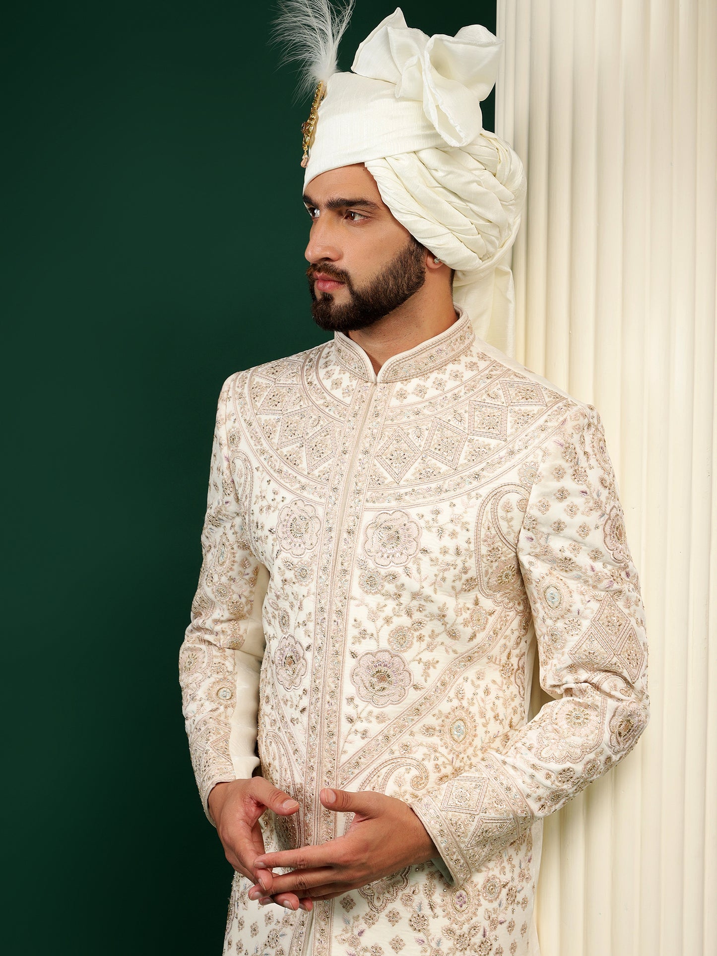 PASTEL CREAM PAISLEY PATTERN SHERWANI SET