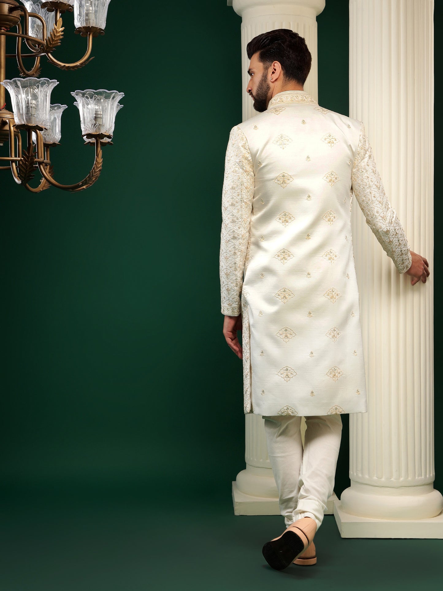 CREAM GOLD ACHKAN STYLE SHERWANI SET