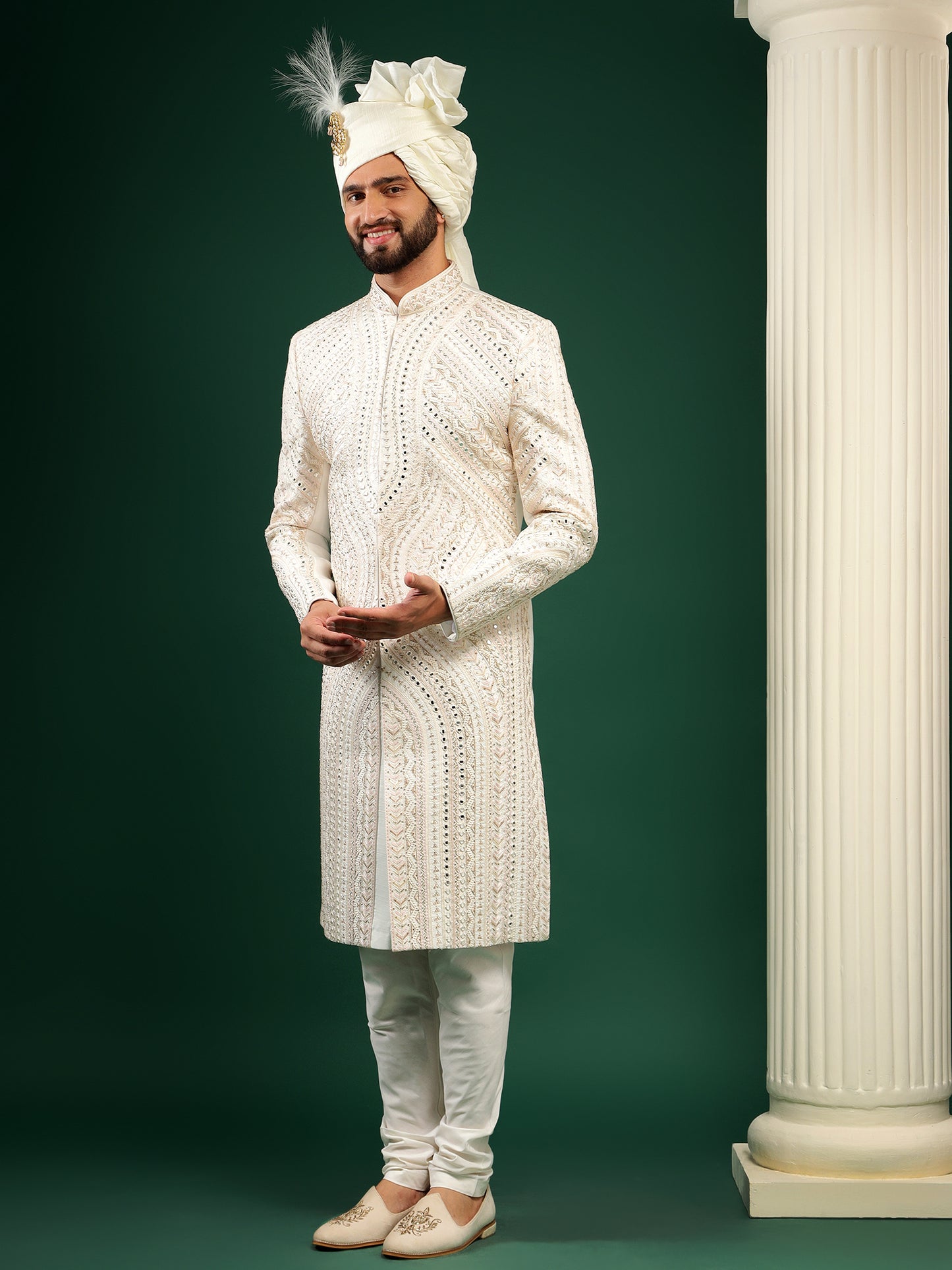 OFF WHITE COLOR MIRROR EMBELISHED SHERWANI SET