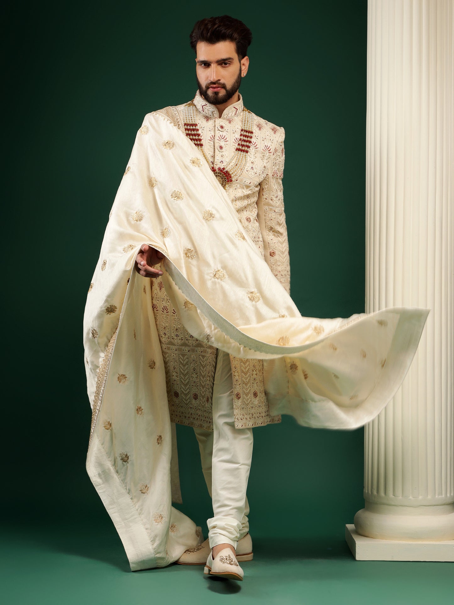 CLASSY CREAM SHERWANI WITH CONTRASTING MOTIFS