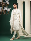 SHELL WHITE SHERWANI SET WITH ANTIQUE FLORAL EMBROIDERY