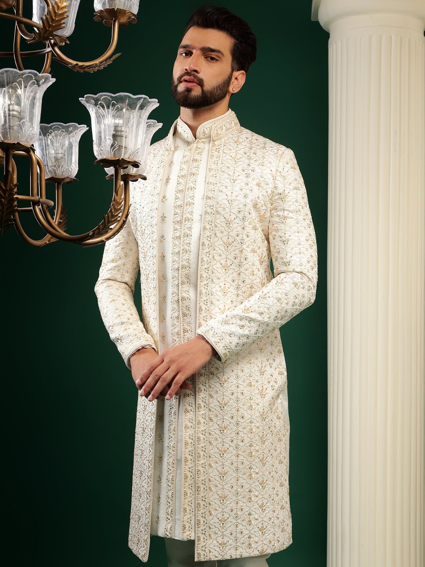 CREAM GOLD ACHKAN STYLE SHERWANI SET