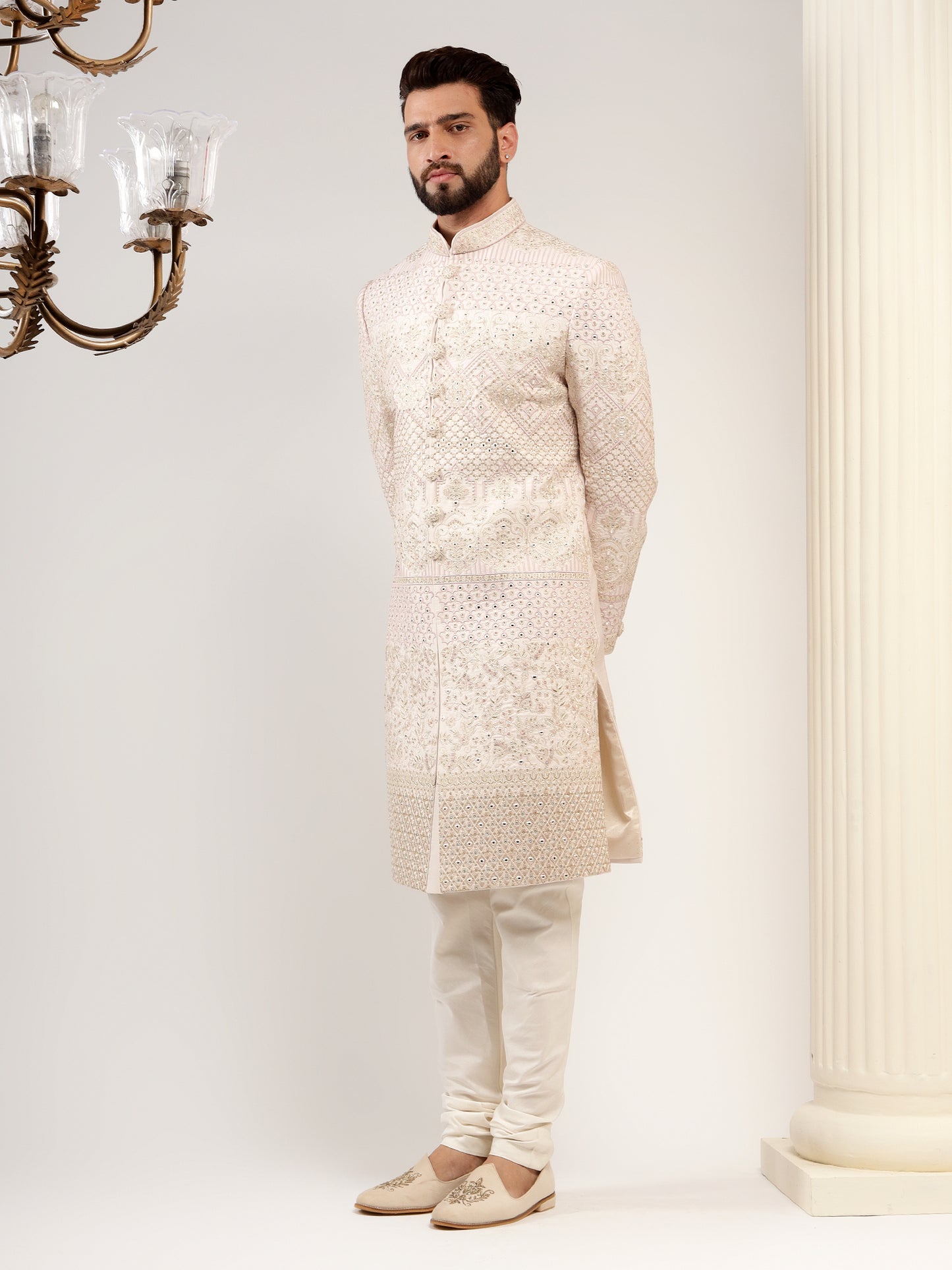 LIGHT PINK COLOR MIRROR WORK SHERWANI SET