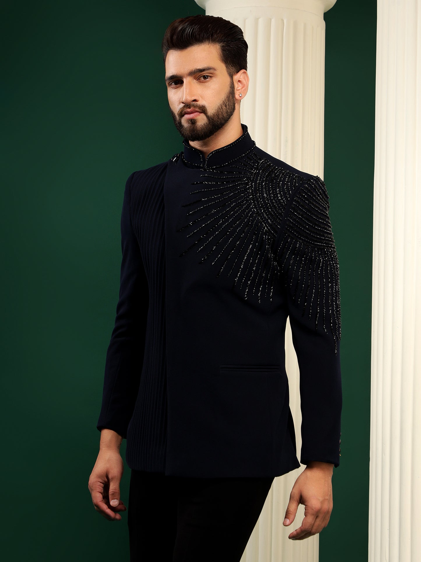 MIDNIGHT NAVY BLUE BANDHGALA SUIT WITH DESIGNER PANEL